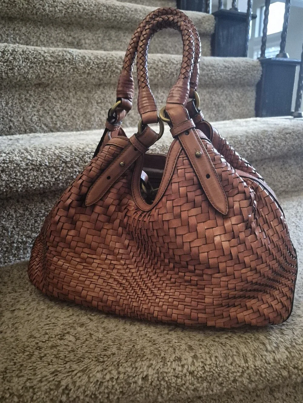 Cole Haan Genevieve Woven Leather Triangle Tote Hobo Bag Brown